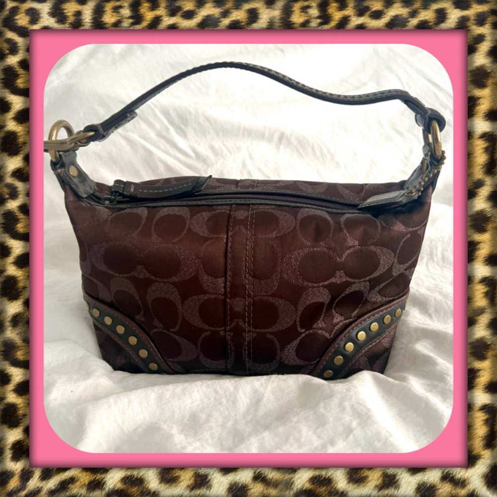 👑✅PRICE FIRM✅ Coach Brown Signature Mini Shoulder Bag with Leather Trim & studs